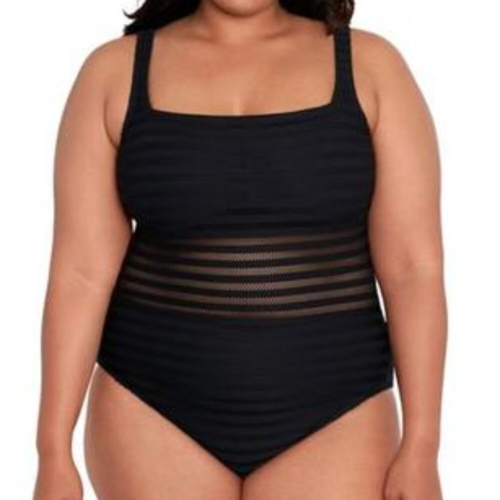 Lauren Ralph Lauren Ottoman Mesh Square Neck Over the Shoulder One Piece